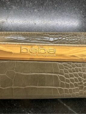bebe Olive Taupe Croc-Embossed Clutch with Gold Bar Clutch/Wallet